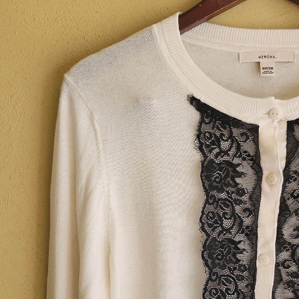 Merona White Cardigan with Black Lace Accent - Picture 6 of 9